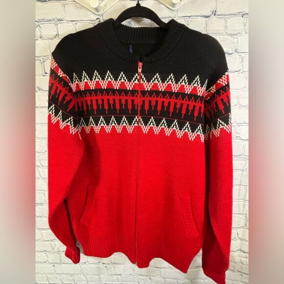 VINTAGE Puritan Red Black White Full Zip 80s Preppy Aztec Retro Ski Wool Blend M - Picture 1 of 6